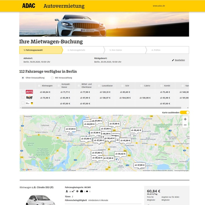 ADAC Autovermietung bietet eine virtuelle Umgebungssuche an/ 8.000 Mietstationen aller Partner weltweit angeschlossen